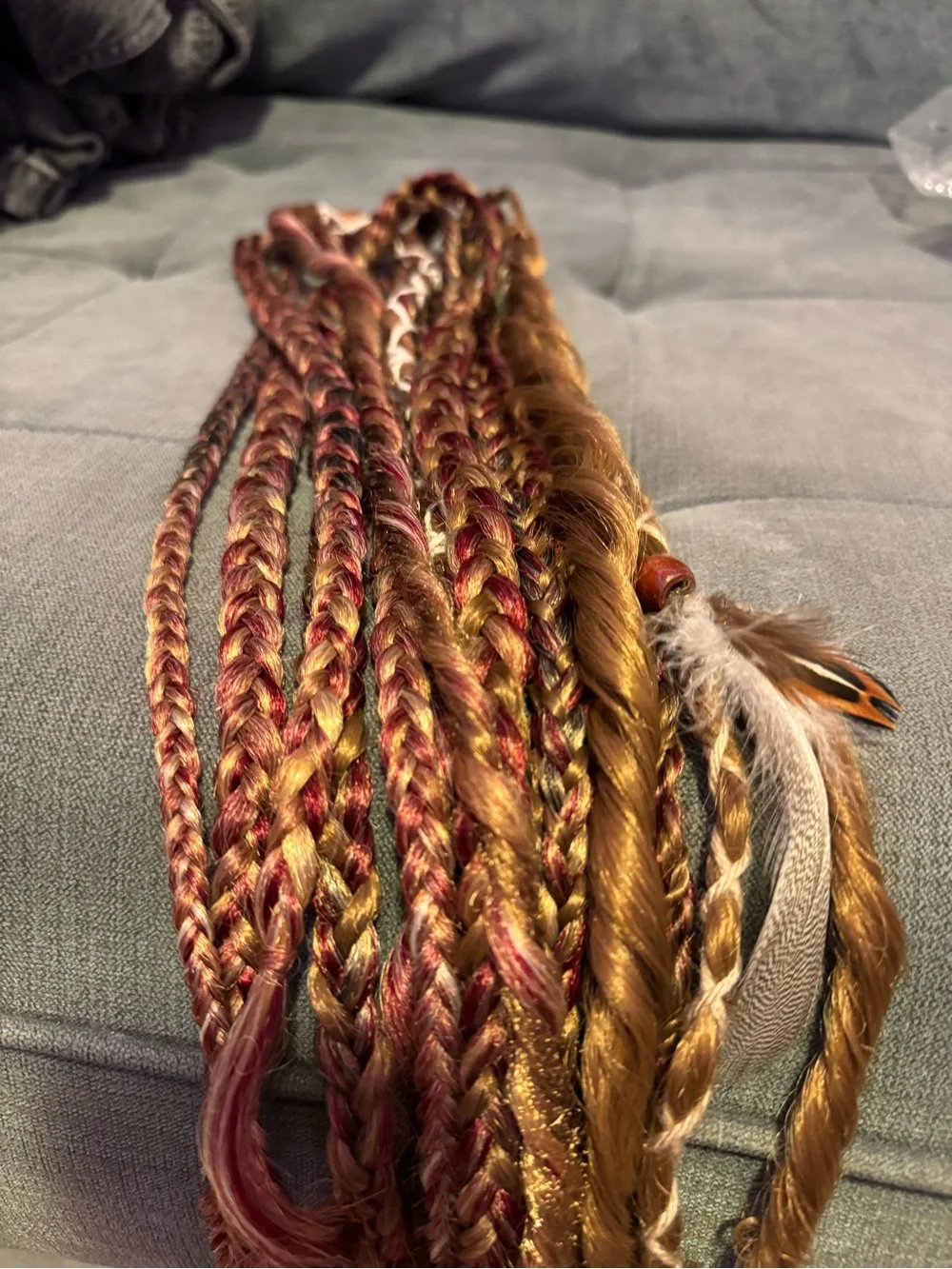 Hand-Braided Hair Extensions with Feathers and Beads - Brown & Burgundy